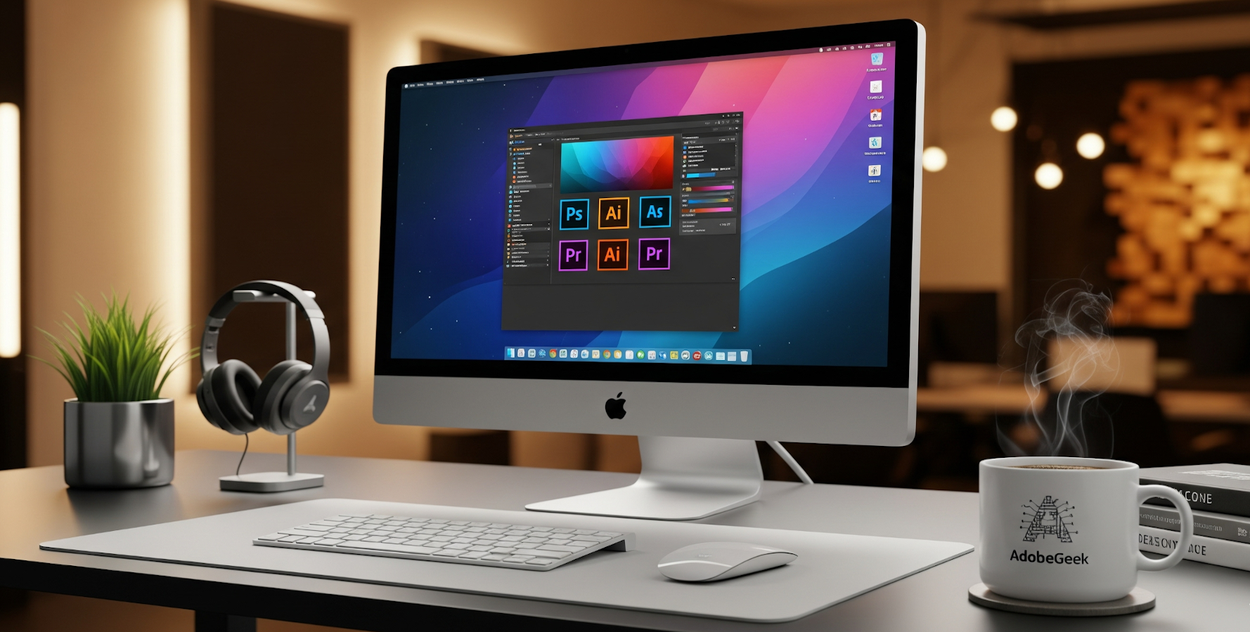 A professional's desk with multiple monitors showing Adobe software interfaces, symbolizing professional creative services.
